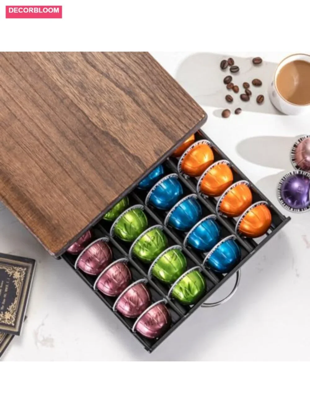 Coffee Pod Drawer Organizer - Holds 40 Pods, Wood Top with Iron Frame